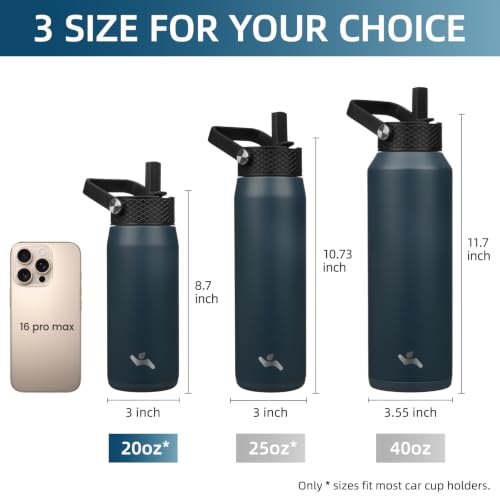 Image of Konokyo 20oz Insulated Stainless Steel Water Bottle with 3 Lids, Leakproof BPA-Free Bottle with Straw Lid, Sip Lid and Flex Cap for Gym, Travel, School, Office, Navy Blue