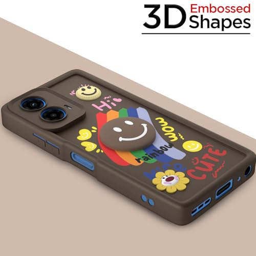 Image of Pikkme Back Cover for Motorola Moto G34 / G45 5G | Soft Silicone| Cute Rainbow Smile & 3D Cartoon Flower Design | Shockproof Raised Camera Protection Bumper Case (Brown)