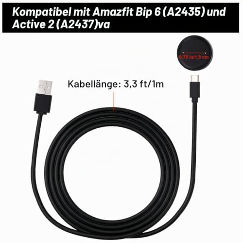 BTFO Ladekabel für Amazfit Active 2/Bip 6, 1m Langes USB-Ersatzladekabel Tragbare Smartwatch Typ C Dock & Ladestation (Schwarz)