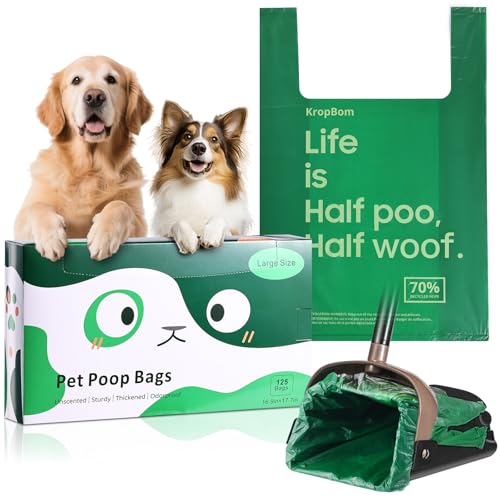 KropBom 125 Bulk Pack Extra Large Dog Poop Bags for A&H Swivel Bin Pooper Scooper Pet Waste Bags with Handle for Dog Poop Cat Litter Heavy Duty Leakproof Unscented (Only Dog Poop Bags)