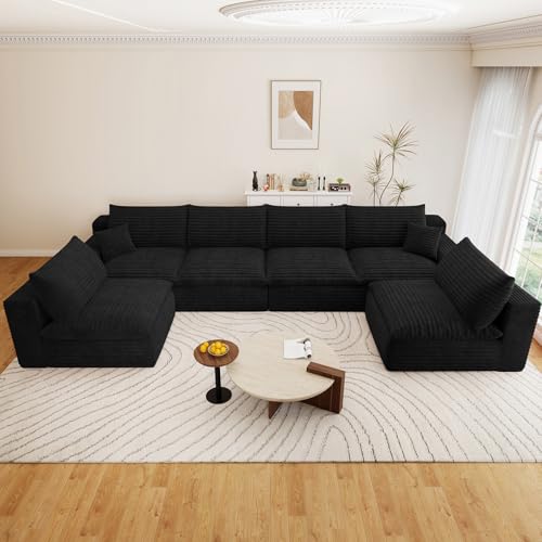 Image of 136 inch Cloud Couch Modular Sectional Sofa for Living Room, U-Shape Boneless Couch with Deep Seat, Modern Corduroy 6-Seater, No Assembly Required, Black