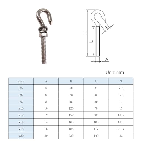 Image of M14 Long Shank Hook Bolts 304 Stainless Steel Round Hooks Eyelet Bolts Ring Screw with Washer and Nut for Yacht Boat Marine Swing Chair Yoga Hammock 2 Pack