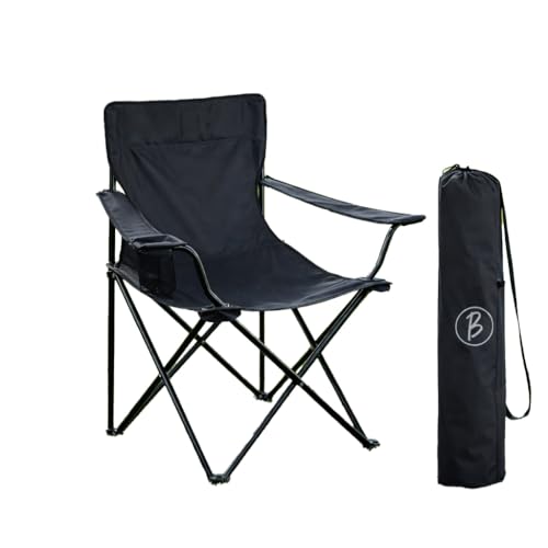 Image of BTAG Foldable Camping Chair with Armrest & Cup Holder, Portable Outdoor Chair with Carry Bag for Camping, Picnic, Fishing & Travel - Black