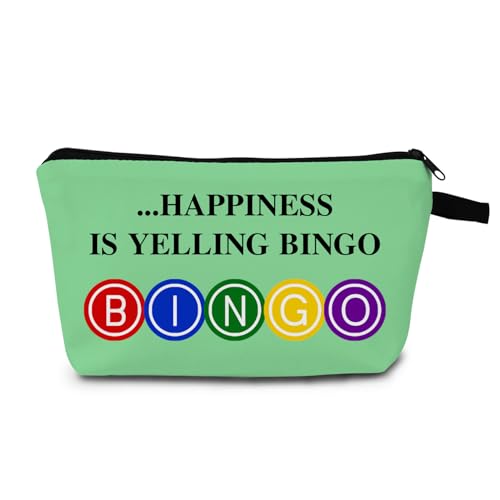 MoCaliduccious "Happiness Is Yelling Bingo Print Makeup Bag for Women Birthday Gifts Holiday Cheer & Adult Celebrations Bingo Game Lover Player Gifts Travel Cosmetic Pouch (Green)