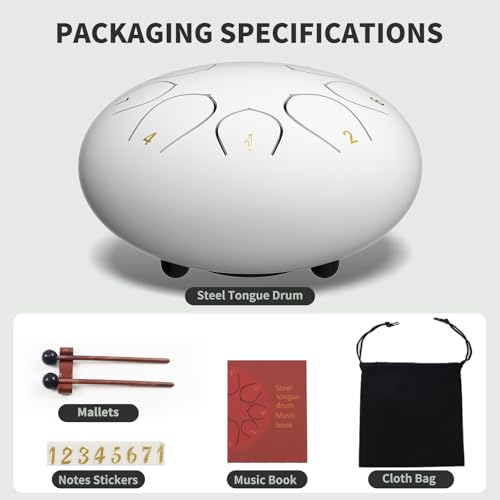 Image of Rain Drum for Outside Garden, 6 Inches 8 Notes Steel Tongue Drums, Waterproof Meditation Echo Rain Chime, Musical Instruments for Adult Gift with Bag, Music Book, Mallets (White)