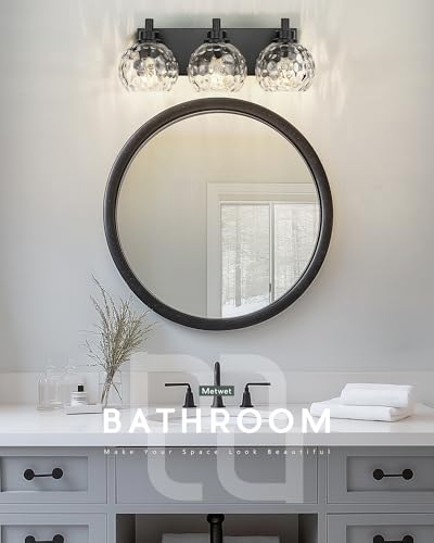 Image of Bathroom Light Fixtures Over Mirror, 3-Light Matte Black Vanity Light with Clear Hammered Glass Globe Shade, Modern Sconces Wall Lighting for Bedroom Hallway, VL200-MB-3