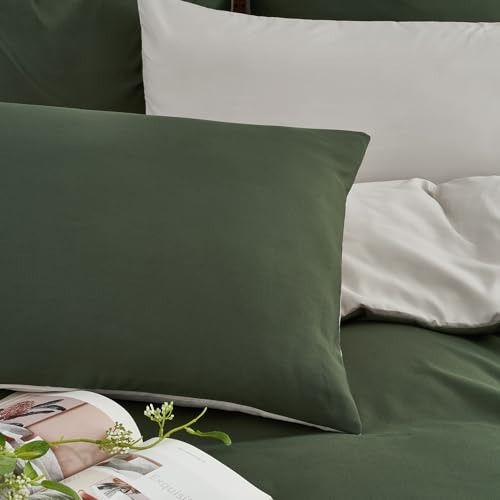 Duvetnova Bettwäsche 155x220 2teilig Olivgrün/Beige Bettwäsche-Sets Microfaser ÖKO-TEX Wendebettwäsche 155 x 220, weich & bügelfrei 1 Bettbezug 155x220 + 1 Kissenbezug 80x80cm mit Reißverschluss
