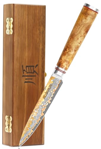 YOUSUNLONG Kleines Messer 120mm - Japanisches handgefertigtes Küchenmesser mit Kupfer Damaszener Stahlklinge - Naturel Burl Holzgriff mit...