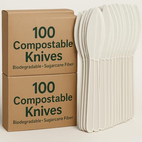 vidoelettronica 100 coltelli riutilizzabili biodegradabili e compostabili bianchi posate in fibra di zucchero 2 cf x 50 pezzi stoviglie bio Eco Friendly (100)