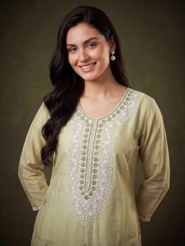 Image of INDO ERA Women's Silk Blend Embroidered Thread Work Kurta & Pant with Dupatta Set | Suit Set For Women