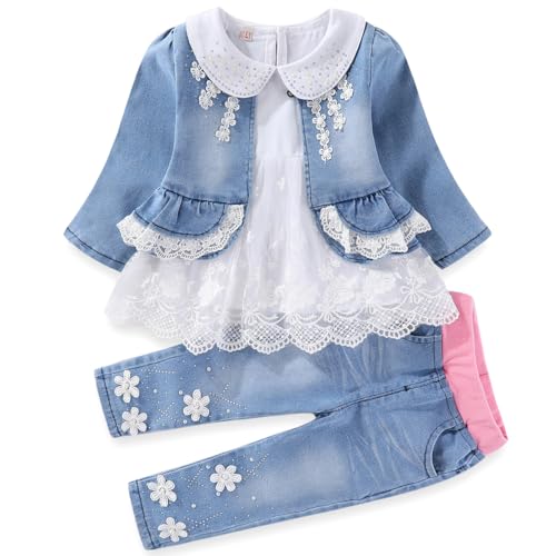 Image of Peacolate 6M-4Years Spring Fall Baby Girls Clothing Set 3pcs Long Sleeve Dress Denim Jacket and Jeans