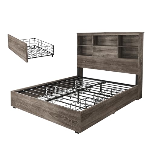 AMERLIFE Queen Size Bed Frame Wooden Platform Bed with 51.2" LED Storage Bookcase Headboard, 4 Storage Drawers & Charging Station/No Box Spring Needed/Noise Free/Rustic Grey