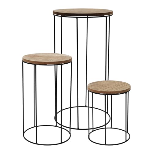Spetebo Holz Blumenhocker rund 3er Set - Ø 16/18 / 21 cm - Pflanzenständer mit Metall Gestell - Blumensäule Pflanzentreppe Deko Ständer Beistelltisch