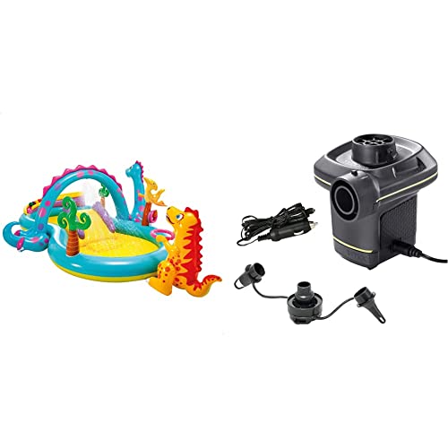 Intex Centro Juegos Hinchable Dinos, 333 x 229 x 112 cm, 280 l, 57135 & 66634 - Inflador eléctrico con adaptadores 220-240V, Color Amarillo