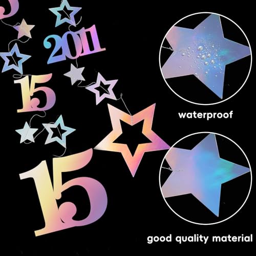 Image of Eucutur Iridescent 15th Birthday Decorations for Girls Boys, Pre-Strung Glitter Twinkle Number Vintage 2011 Fifteen Years Old Hanging Streamer Banner Party Supplies, Sweet 15th Bday Anniversary Decor