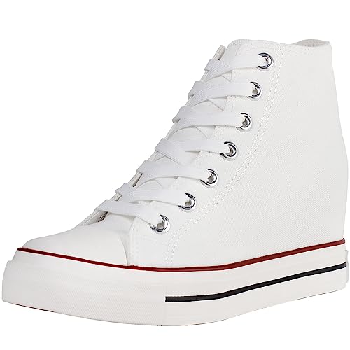 wealsex Sneakers Compensées Cachées Montante Femme Basket Toile Chaussure (Blanc,36)