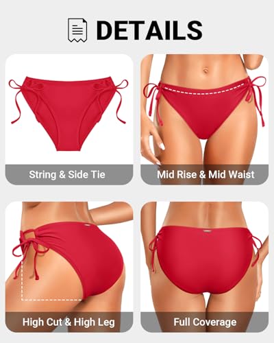 Image of Zmart String Tie Side Bikini Bottoms - Women Full Coverage Swimsuit Bottom Mid Rise Mid Waist Swim Bathing Suit Bottom