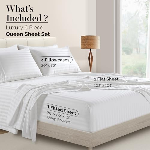 Casa Platino 100% Egyptian Cotton Sheets Queen Size Set - 6 Pieces - Damask Stripe- Ultra Smooth Sateen Weave Bed Sheets, 15" Deep Pockets - Pure White Sheet Set