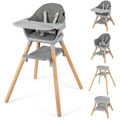 GLACER Baby High Chair, 6 in 1 Convertible Wooden Highchairs for Babies and Toddlers with Foot Rest, Removable Double Tray, Easy to Clean PU Seat Cushion, Safety Harness and Solid Wood Legs (Grey)