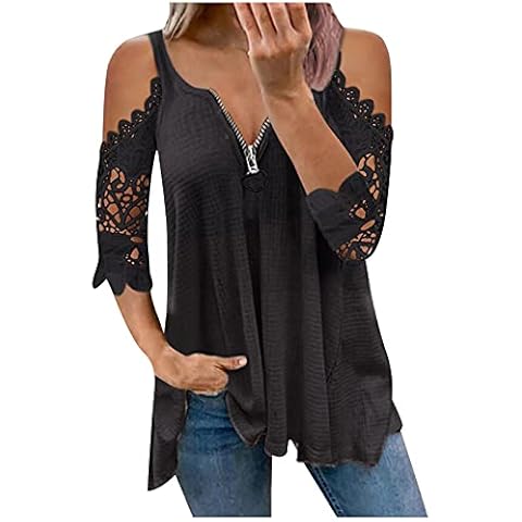 YUNIAO Womens Summer Top, Fashion Short Sleeve Strapless Casual T-Shirt, Daily Loose Fit Lace Tunic Zipper V-Neck Blouses, black, Medium Cover