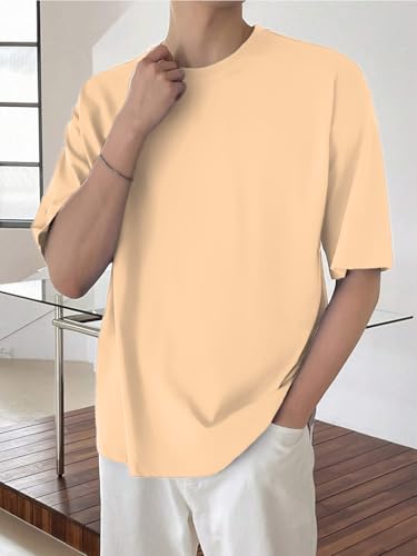 Image of LEOTUDE Half Sleeve Oversized Tshirt for Men, Round Neck Cottonblend Drop Shoulder Solid T-Shirt