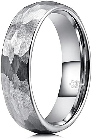 THREE KEYS JEWELRY Mens Womens Tungsten Carbide Unisex Wedding Hammered Bands Rings for Men Women 6mm Comfort Fit Vintage Silver Size 9.5