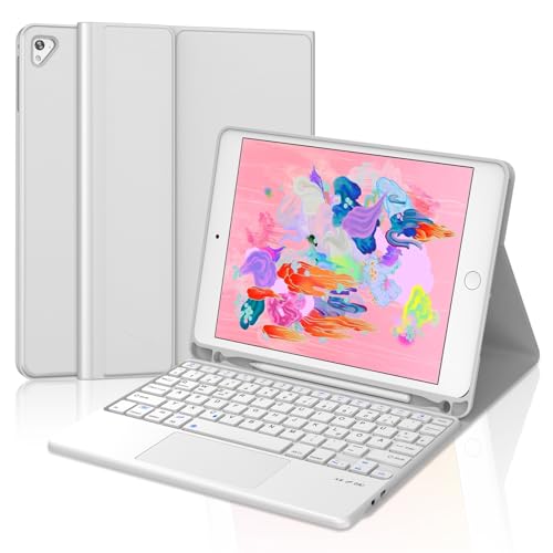 JADEMALL Hülle mit Tastatur für iPad 6. Generation & Air 2/1 QWERTZ Tastatur mit Trackpad Keine Beleuchtung Kompatibel mit iPad 9.7 A1566/A1822 Bluetooth Schutzhülle Steingrau