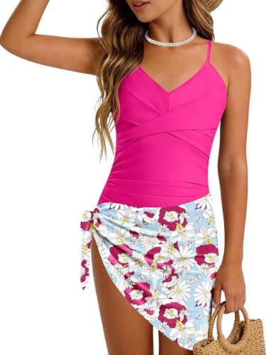 Image of Girls Swimsuit Criss Cross Ruched One Piece Bathing Suit with Printed Mesh Cover Ups Adjustable Straps Swimwear 7-16Y