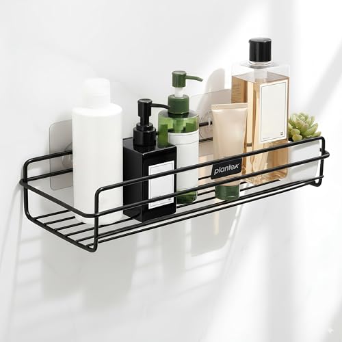 Image of Plantex Self Adhesive Bathroom Shelf Rack /Bathroom Organiser Without Drill /GI-Steel Shelf for Kitchen with Magic Stickers /Bathrooms Accessories- (12x5 inches,Black)