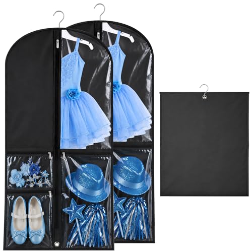 2 Pcs Dance Costume Bag for Kids 40 inch Dress Covers Garment Bags Kids Garment Bags with 3 Zipper Pockets Foldable Hanging Dress Bags Dustproof Protector Cover for Dancers Travel Competition