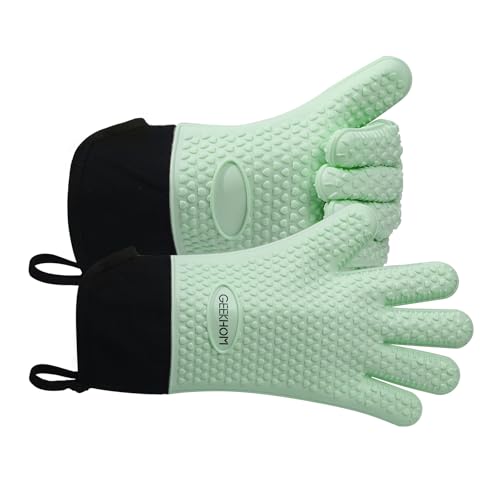Image of GEEKHOM BBQ Gloves Heat Resistant Oven Mitts - Silicone Grilling Gloves with 14 inch Long Arm Protection - Waterproof Pot Holder Non-Slip for Men & Women, Kitchen Cooking, Baking, Camping, Mint Green