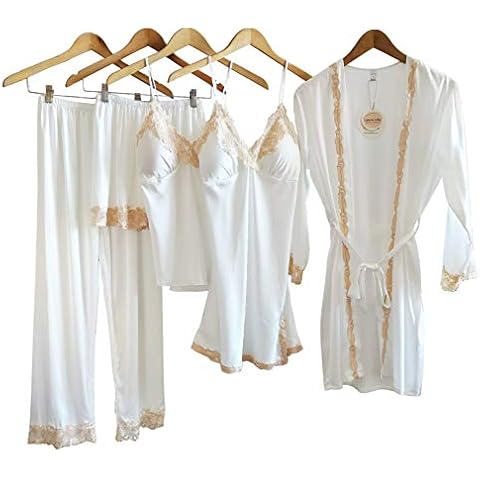 Laura in - Pijamas Mujer de Seda Satén Conjunto de 5 Piezas con Encaje Bordado Cover