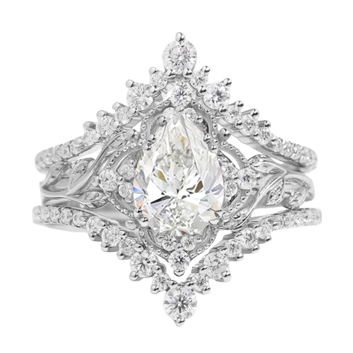 Moissanite Engagement Ring Set - 1ct Pear Cut Bridal Sets for Women, 10K 14K 18K Vintage Leaf Wedding Rings, 3pcs Promise Rings3