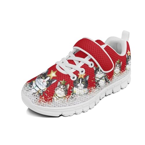 Kids Sneakers for Boys Girls Running Tennis Shoes Lightweight Breathable Sport Athletic Christmas Cats Pattern White Sole