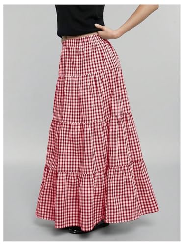 MakeMeChic Women's Plaid Maxi Skirts A Line Ruffle Tiered Layer Y2K Flowy Casual Long Skirts2