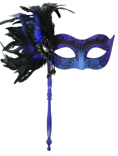 LCKRVOL Masquerade Mask for Women with Stick, Beautiful Feather Masquerade Mask with Rhinestone, Fit
