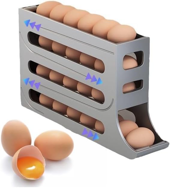 Image of Plastic Automatic Rolldown Refrigerator Egg Dispenser, 4 Tier Rectangular Holder, Holds Up to 30 Eggs, Grey