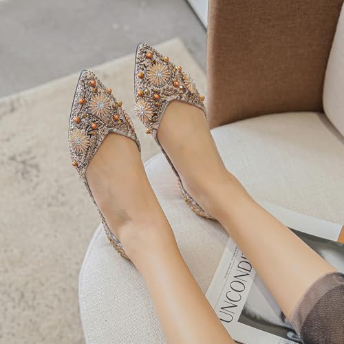 HROYL Women Rhinestones Dress Shoes Flats Elegant Ballet Flats Boho Flats Wedding Dressy Shoes Model YSX-223-22