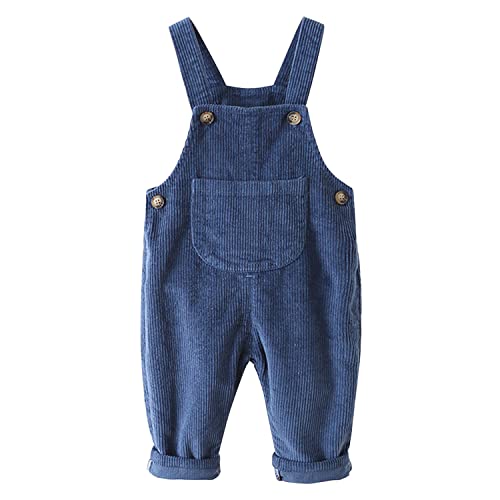 Boodtag Unisex Baby Cotton Dungarees Corduroy Toddler Solid Sleeveless Overalls Kids Striped Button Jumpsuit Bib Pants One Piece Trousers Blue 3-4 Years
