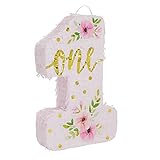 Pink Floral Number 1 Pinata for Girl's 1st Birthday Party Decorations, Small (11.4 x 17 x 3 In)