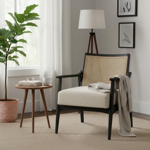 Image of APRODZ Mango Wood Arm Chair for Living Room with Cane Back & Wooden Armrest | Solid Wood Chair for Home Use Bedroom Dining Drawing Room and Balcony | Solid Wood Accent Chair, Black Finish