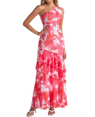 XinFSh Women's Floral Wedding Guest Maxi Dress One Shoulder Ruffle Tiered Bodycon Long Cocktail Party Dresses