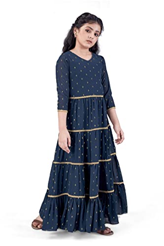 Image of Jwalin Girls Georgette Maxi Length Foil Printed Dress(Teal 7-8 Year)