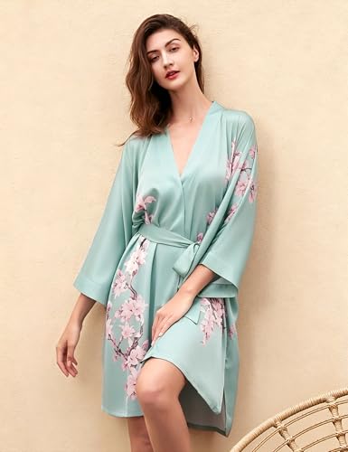 Image of BABEYOND Kimono Robe Cover up Short Satin Floral Silky Kimono Blouse Loose Bachelorette Party Robe