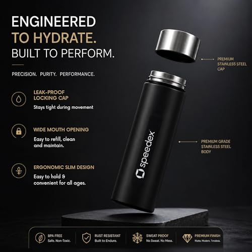 Image of Speedex Black Stainless Steel Water Bottle 1 Litre Set of 4 | Single Wall Water Bottles | BIS Approved Reusable Bottles for Kids & Adults | School, Office, Gym & Travel
