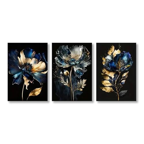 Peinture abstraite fleurs bleues triptyque de qualité - 2