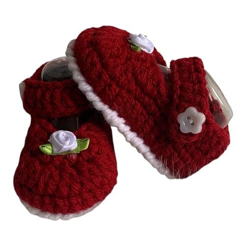 Handmade Baby Girl Crochet Mary Jane Shoes, Red Cotton with White Rose, Soft Knit Booties for Newborn