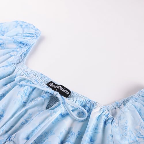 Image of Scarlet Darkness Summer Spring Split Floral Corset Midi Dress with Pockets | Floral dress with elastic sleeves, tie square neck, smocked back, 3 boned waist, left zip, side pockets, front thigh slit