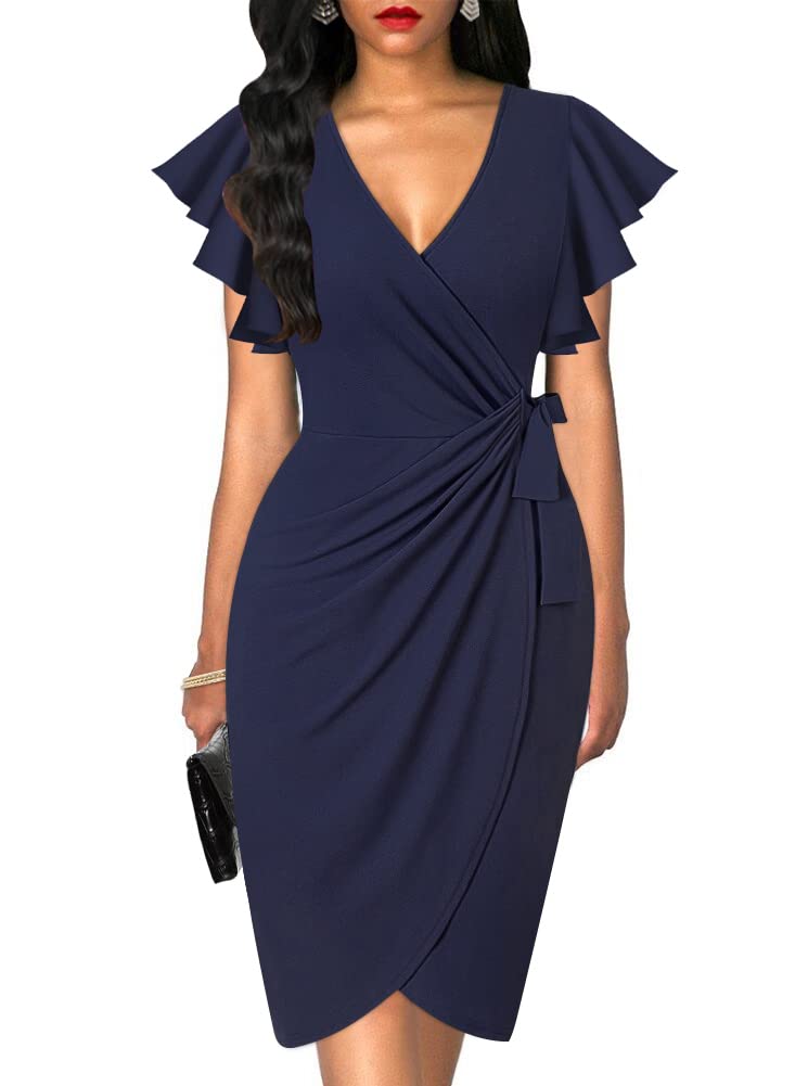 Womens Deep V Neck Ruffle Sleeve Sheath Casual Cocktail Party Work Faux Wrap Dress
