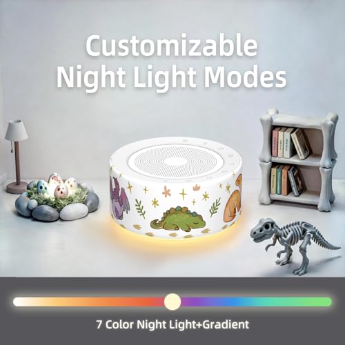 Image of Kipcush White Noise Machine for Baby & Adults, 30 Soothing Sounds, Soft Non-Glare Nursery Lamp, 8 Color Night Lights, Memory Function (New Orange /Dinosaur, Standard)